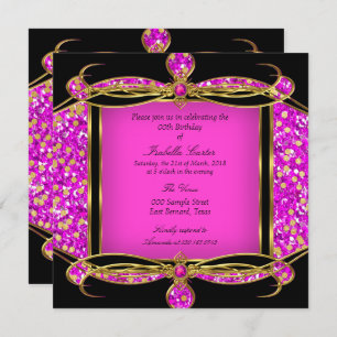 Glitter Hot Pink Gold Black Birthday Party Invitation