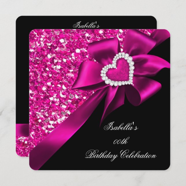 Glitter Hot Pink Heart Bow Black Birthday Party 2 Invitation (Front/Back)