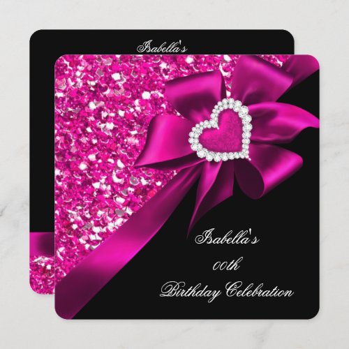 Glitter Hot Pink Heart Bow Black Birthday Party 2 Invitation