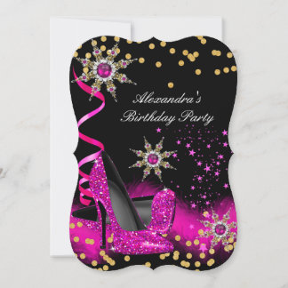 Glitter Hot Pink Heels Birthday Party Gold Black Invitation