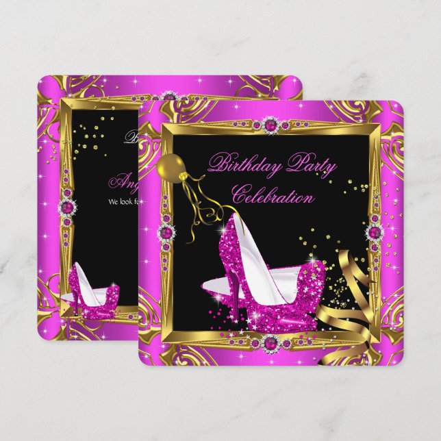 Glitter Hot Pink High Heel Shoes Gold Black Party Invitation (Front/Back)