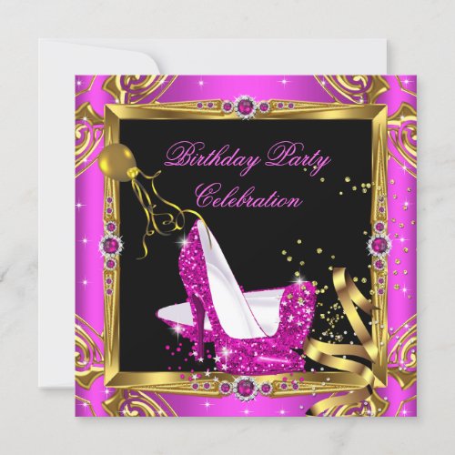 Glitter Hot Pink High Heel Shoes Gold Black Party Invitation