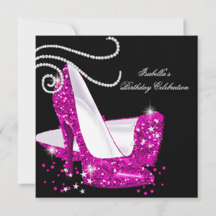 Glitter Hot Pink High Heels Black Birthday Party Invitation