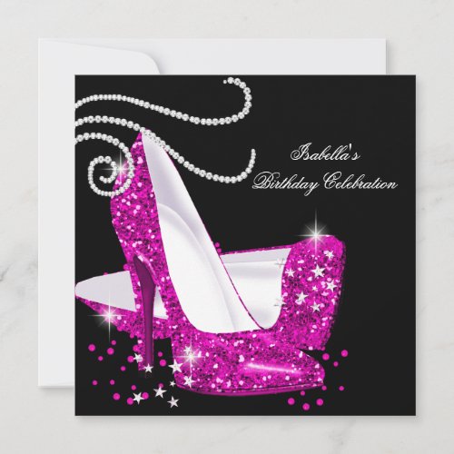 Glitter Hot Pink High Heels Black Birthday Party Invitation