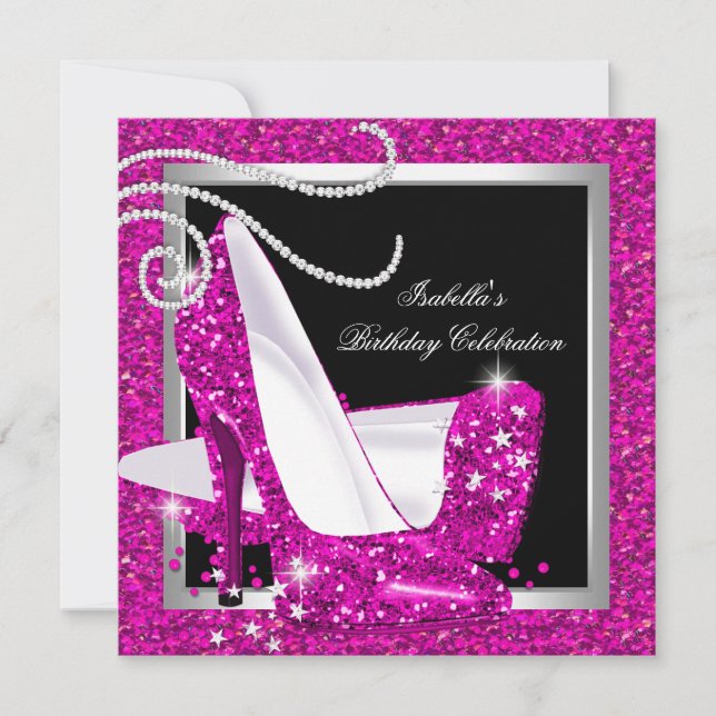Glitter Hot Pink High Heels Black Birthday Party Invitation (Front)