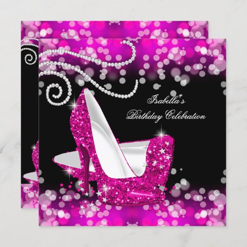 Glitter Hot Pink High Heels Diamonds Birthday Invitation
