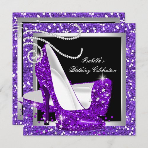 Glitter Hot Purple High Heels Black Birthday Party Invitation