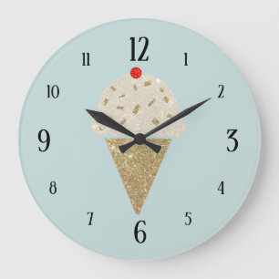 Glitter Ice Cream Cone Red Cherry on Blue Large Clock