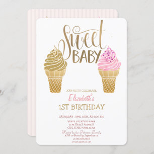 Glitter Ice Cream Macaroons Striped Birthday Invitation