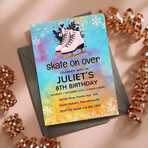 glitter ice skating party 8th birthday invitation