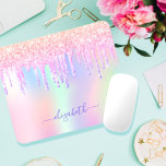 Glitter Iridescent unicorn rainbow monogram name Mouse Pad<br><div class="desc">A trendy iridescent background with unicorn and rainbow pastel colors in pink, purple, rose gold, mint green. Decorated with faux glitter drips in rose gold, pink and purple. Personalize and add a name, written with a modern hand lettered style script with swashes. Purple colored letters. To keep the swashes only...</div>