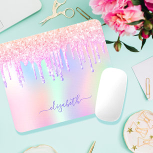 Glitter Iridescent unicorn rainbow monogram name Mouse Pad