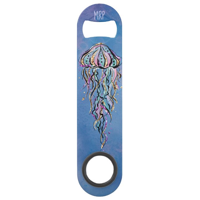 *~*  Glitter Jelly Fish Blue Abstract Watercolor Bar Key (Back)