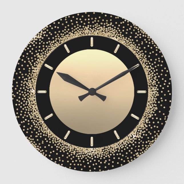 Glitter Khaki Grey Black Metal Gold Crystals Large Clock (Front)
