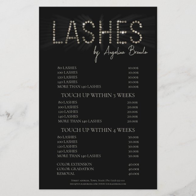 Glitter Lashes Eyelash Extensions Black Price List Flyer (Front)