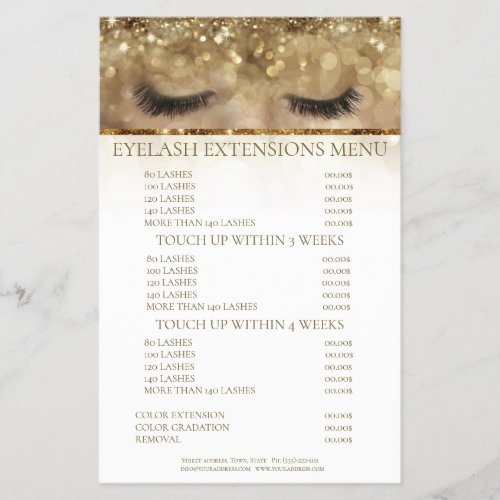 Glitter Lashes Eyelash Extensions Gold Price List Flyer