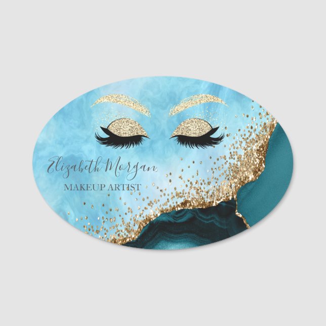 Glitter Lashes, Turquoise Marble Makeup artist Name Tag (Front)