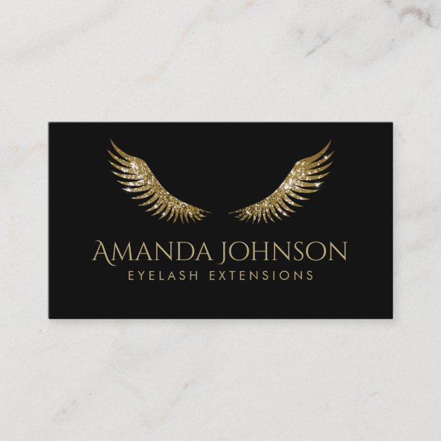 Glitter Lashes White Gold Wings Simple Black Card (Front)