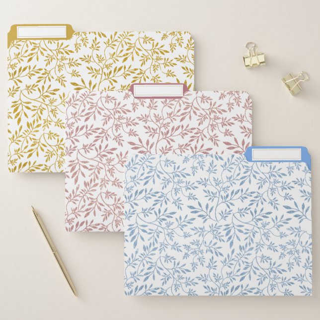 Glitter leaves pattern gold, gold rose, blue file folder (Set)