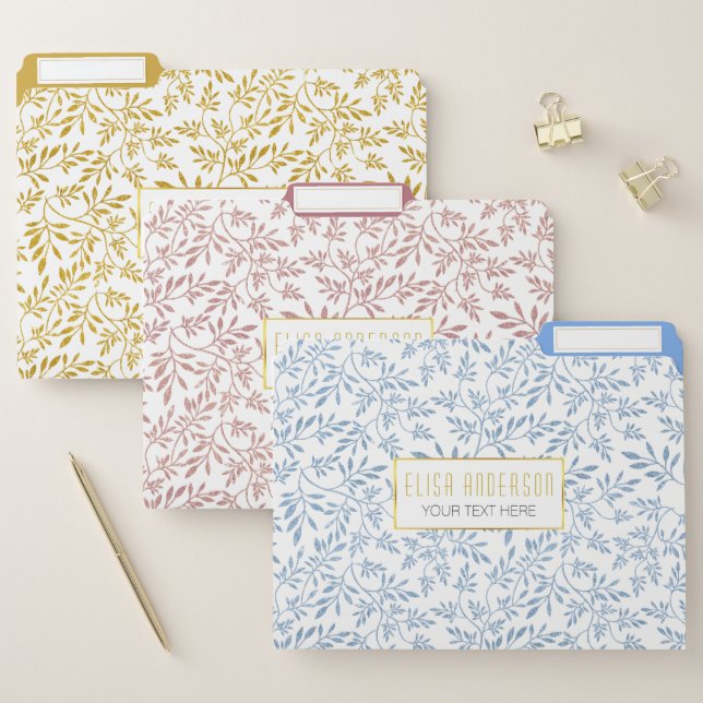 Glitter leaves pattern gold, gold rose, blue file folder (Set)