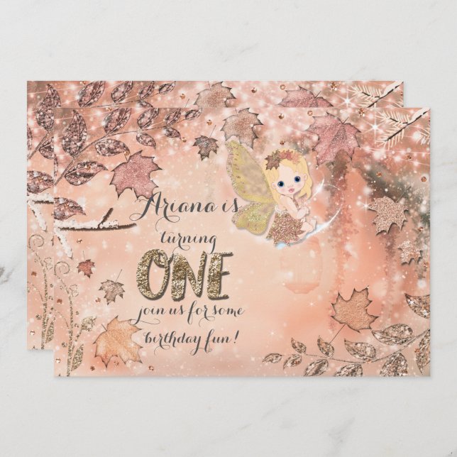 Glitter Leaves Winter Fall Fairy Party Invitations (Front/Back)