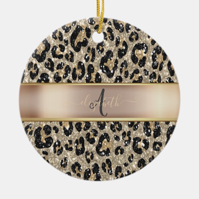 Glitter Leopard Pattern Monogram   Ceramic Ornament (Front)