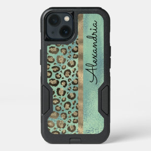 Glitter Leopard Print Glossy Green Personalized iPhone 13 Case