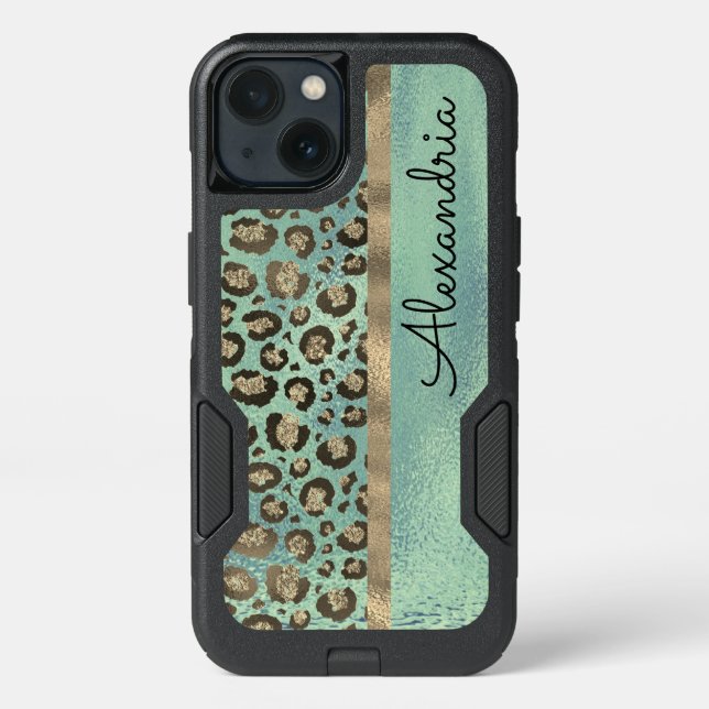 Glitter Leopard Print Glossy Green Personalized Otterbox iPhone Case (Back)