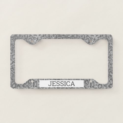 Glitter Leopard Print Personalized Silver License Plate Frame