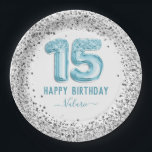 Glitter Light Blue Happy 15th Birthday Paper Plates<br><div class="desc">Girly glitter with fancy script name typography. Faux light blue 15 balloon text. Faux glitter top border. Great for quince celebrations.</div>