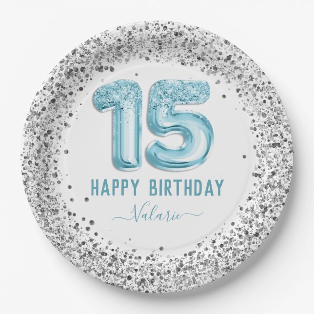 Glitter Light Blue Happy 15th Birthday Paper Plates (Front)