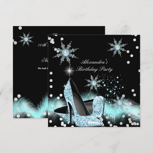Glitter Light Teal Blue High Heels Birthday Party Invitation (Front/Back)