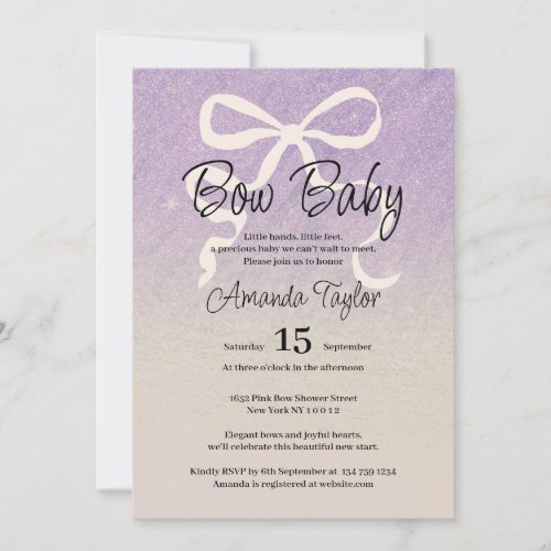 Glitter lilac gradient coquette bow Baby Shower Invitation