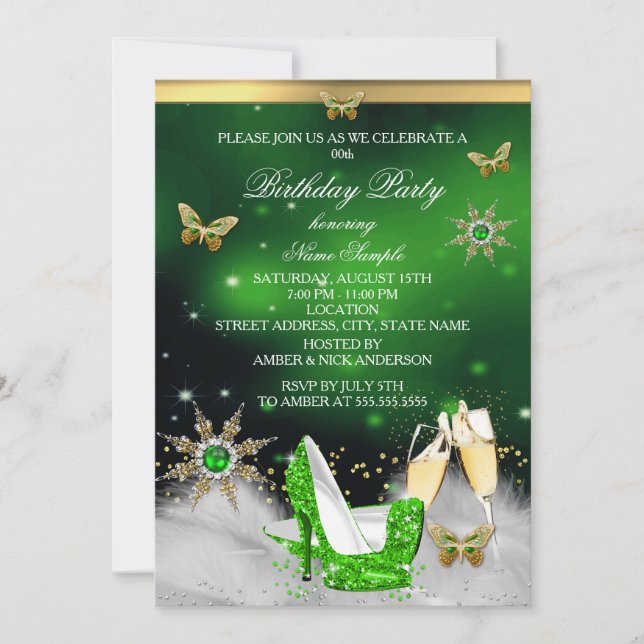 Glitter Lime Green Butterfly Heels Gold Champagne Invitation (Front)