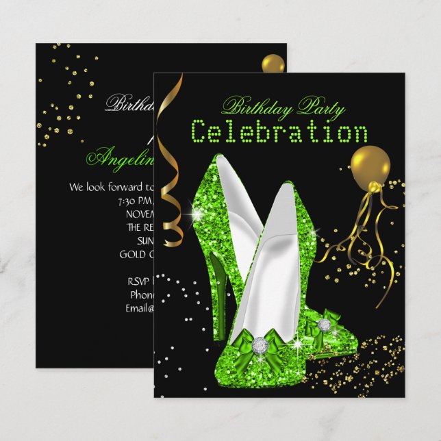 Glitter Lime Green Gold Birthday Party Celebration Invitation (Front/Back)