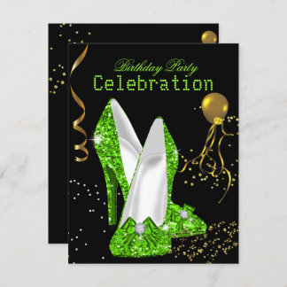 Glitter Lime Green Gold Birthday Party Celebration Invitation