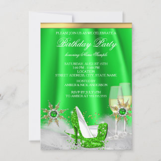 Glitter Lime Green High Heels Gold Champagne Party Invitation