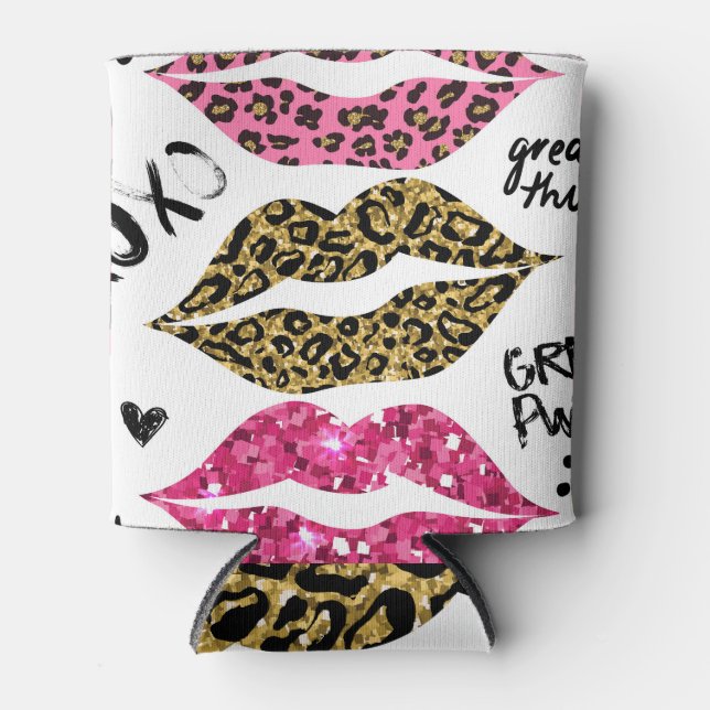 Glitter Lips: Fashionable Leopard Print Can Cooler (Front)