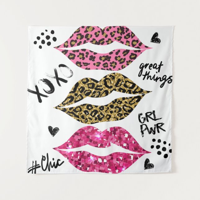 Glitter Lips: Fashionable Leopard Print Tapestry (Front)