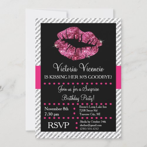 Glitter Lips Kissing Adult Birthday Invitation