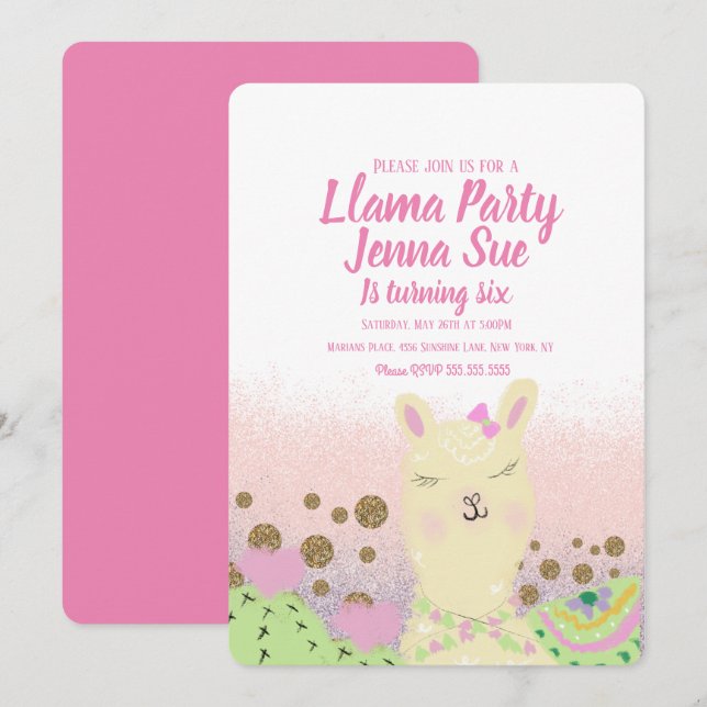 Glitter Llama Birthday Party Doodle Colorful Invitation (Front/Back)