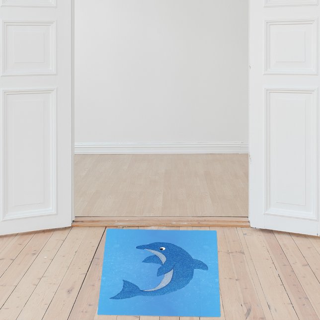 Glitter Look Blue Jumping Dolphin Water Bubbles Floor Decals (Pretty blue jumping dolphin with faux glitter look with water bubbles on water blue floor decal.)