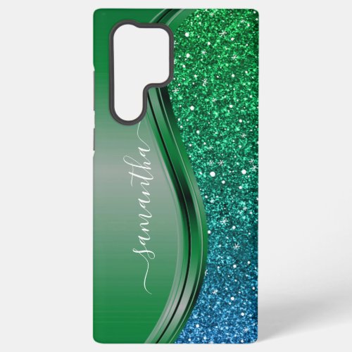Glitter look Bright Green Blue Personalized Name  Samsung Galaxy S22 Ultra Case