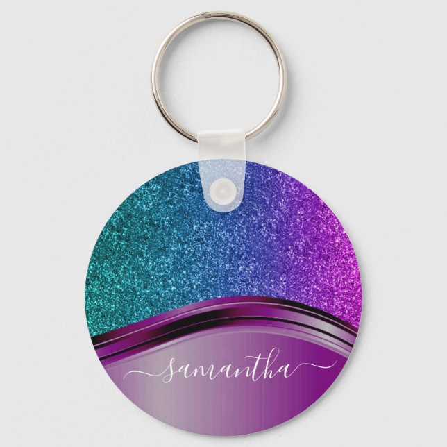 Glitter look Bright Purple Personalized Name   Keychain (Front)