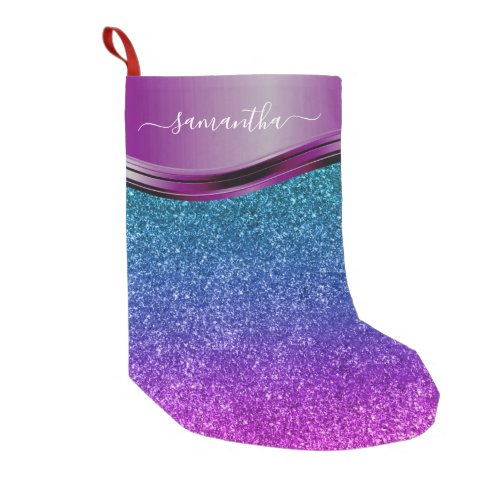 Glitter look Bright Purple Personalized Name   Small Christmas Stocking