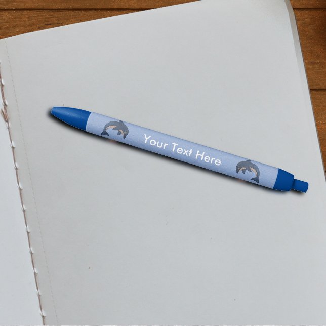 Glitter Look Dark Blue White Dolphins Jumping Pen (Shiny dark blue white dolphins jumping on light blue writing pens.)