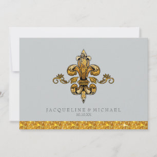 Glitter Look Faux Gold Black Formal Fleur de Lis Invitation