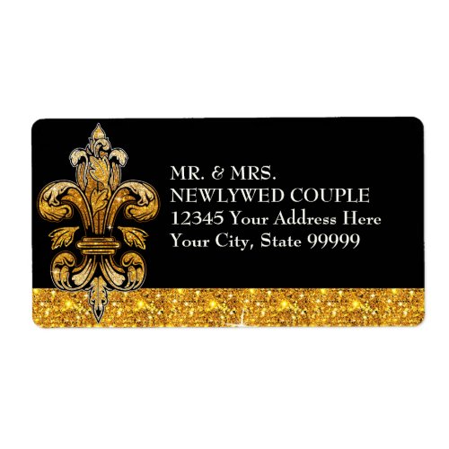 Glitter Look Faux Gold Black Formal Fleur de Lis Label