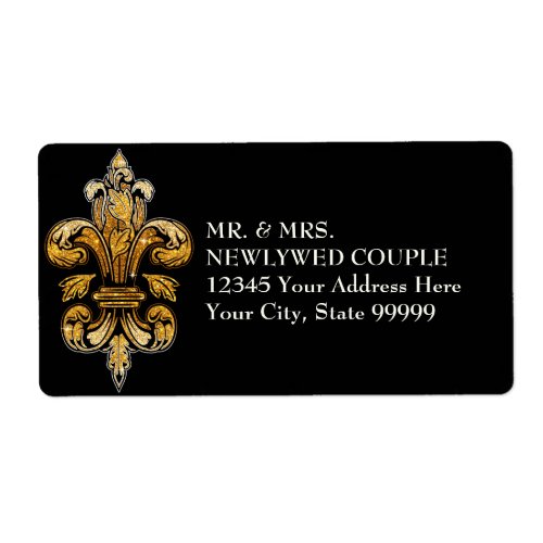 Glitter Look Faux Gold Black Formal Fleur de Lis Label