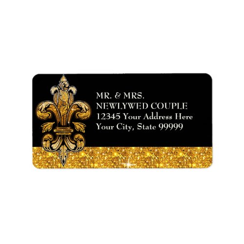 Glitter Look Faux Gold Black Formal Fleur de Lis Label